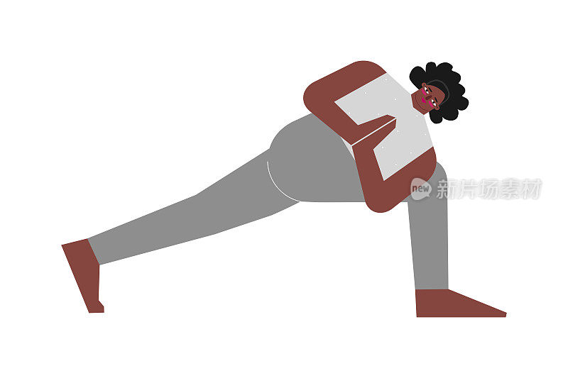 矢量插图与女性非洲裔美国人的性格。运动的女人学习加强姿势Parivrtta parsvakonana在瑜伽课。健身运动-旋转侧角姿势